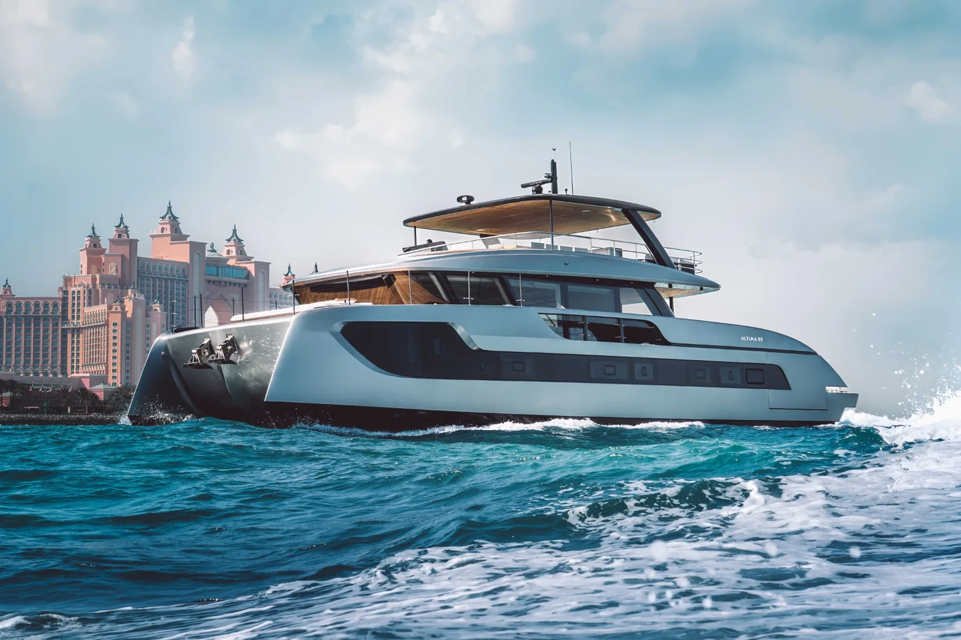 The Sunreef ULTIMA 88 power catamaran under way