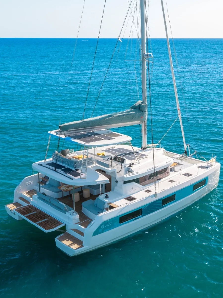 The Lagoon 47 catamaran at anchor, seen from above