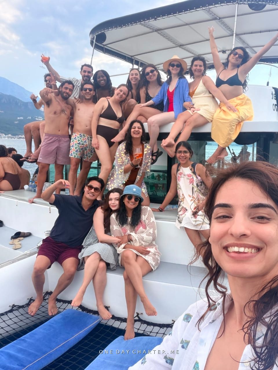 The whole LSE group together on board the catamaran during their charter in Montenegro